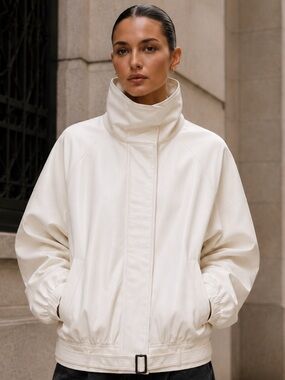 Zara NWT Cream Faux Leather Oversized Bomber Jacket Size L